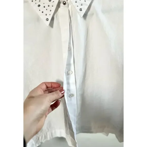 Zara Cropped White Embellished Collar Button Front Top - Picture 6 of 8